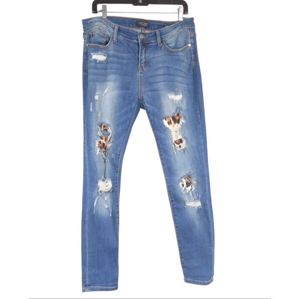 Judy Blue Distressed Cheetah Patch Skinny Jeans Mid Rise Medium Women Size 13/31